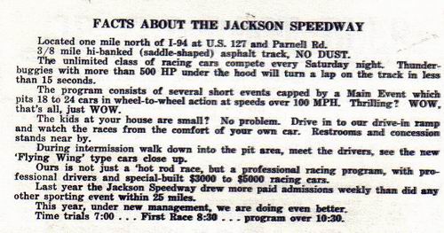 Jackson Motor Speedway - OLD ARTICLE FROM JIM HEDDLE